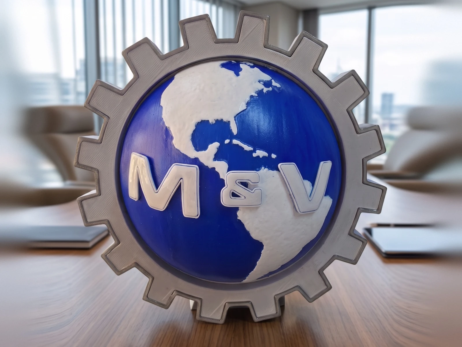 Logo corporativo de Morgado & Volta impreso en 3D, vista frontal: engranaje gris, globo azul y letras M&V en relieve
