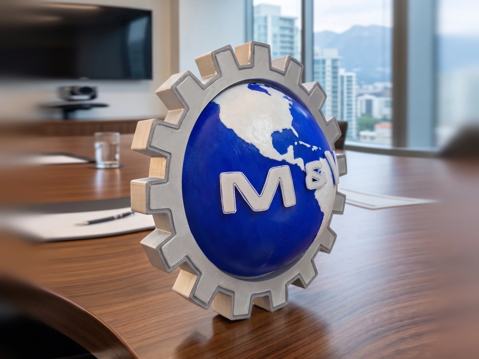 Vista lateral del logo M&V impreso en 3D en PLA multicolor, con el volumen del globo y el relieve de continentes y letras